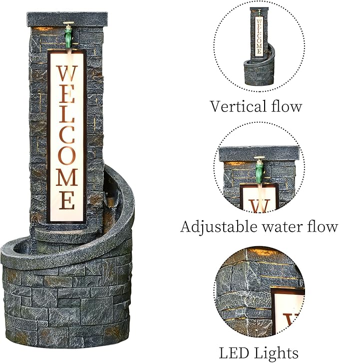 35.43 Inches Outdoor Water Fountain Welcome Garden Waterfall Indoor Modern Water Feature Freestanding Fountains with LED Lights and Pump for Patio Yard Pool Home Decor