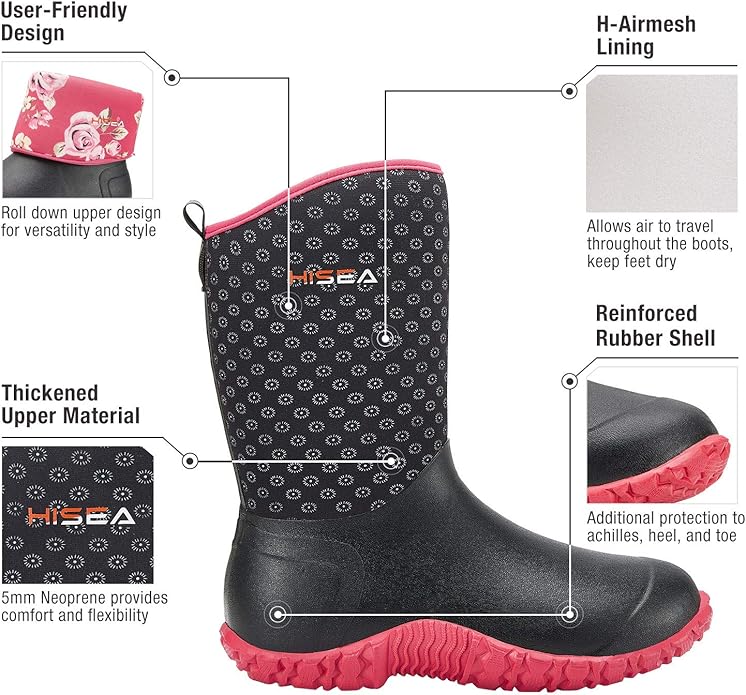 HISEA Women's Rubber Garden Boots Waterproof Insulated Yard Gardening Shoes Mid Height for Mud Working Outdoor