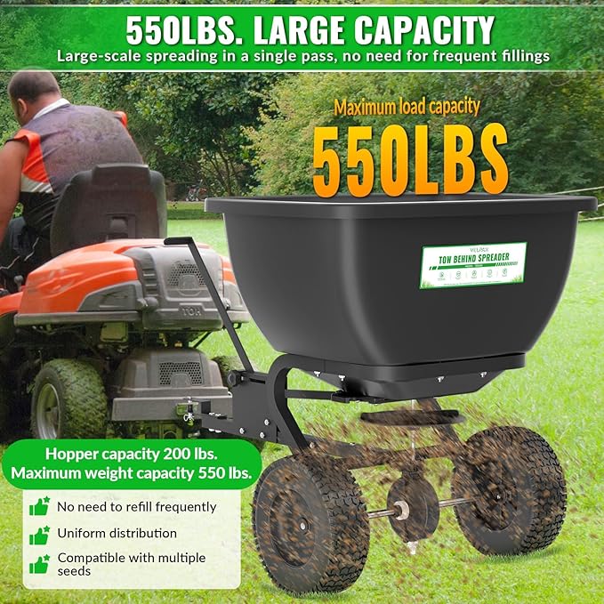 200LB Tow Behind Broadcast Spreader, Fertilizer Spreader Holds up to 550 lbs with 13" Pneumatic Tires and Adjustable Flow Control Lever,for Fertilizer, Grass Seed, Salt, Ice Melt, Lawn