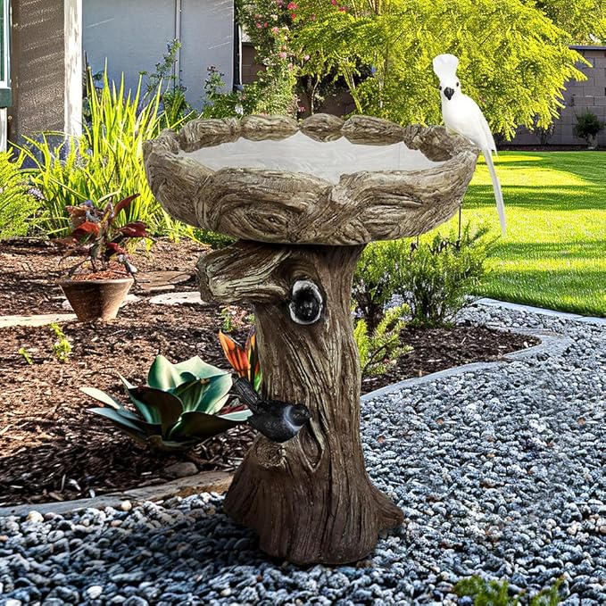 Birdbath for Outdoor Garden with a Fake Bird Decor - 23" H * 17.7" Φ Freestanding Trunk Like Bird Bath for Outside Patio or Yard Decor