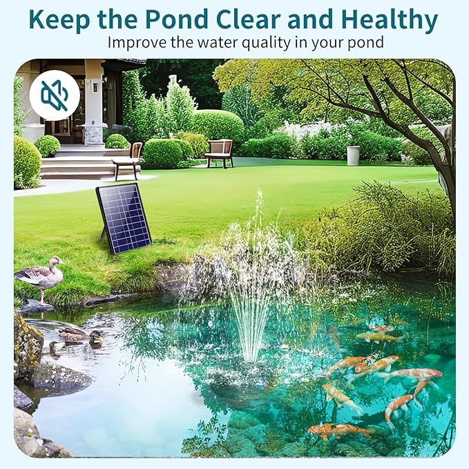 POPOSOAP Solar Pond Filter Built-in 3600mAh Battery Backup, 8W Solar Pond Filter with Water Pump, Pond Filter with Water Shortage Protection & Clear Tubing for Ponds Fish Tank Bird Bath Garden