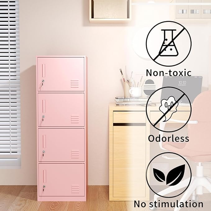 4 Door Metal Storage Locker Cabinet for Office, Home, Gym, School, Steel Cabinet to Storage File, Toys, Shoes and Sports Equipment, Locker Organizer for Gym Office Bedroom (4 Door, Pink)