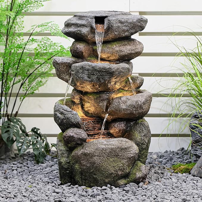 Outdoor Water Fountain 4-Tiers Rock Cascading Indoor Floor-Standing Resin Bubbler Fountain Features Garden, Patio, Yard, Lawn and Home Art Decor, 29“H