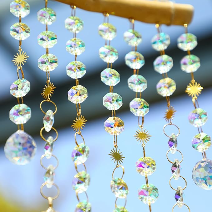 HDCRYSTALGIFTS Hanging Window Suncatcher Rainbow Maker Glass Crystal Mobile Wind Chimes with AB Prisms & Natural Leaf Drops Autumn Home Wall Art Decoration Gift