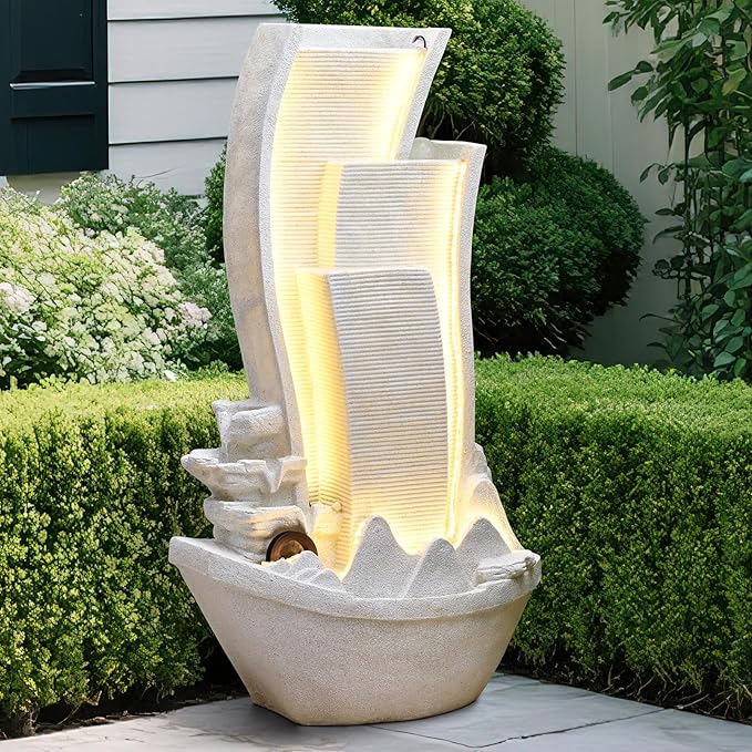 50.39 Inches Outdoor Water Fountain Garden Waterfall Indoor Modern Water Feature Freestanding Fountains with LED Lights and Pump for Patio Yard Pool Home Decor