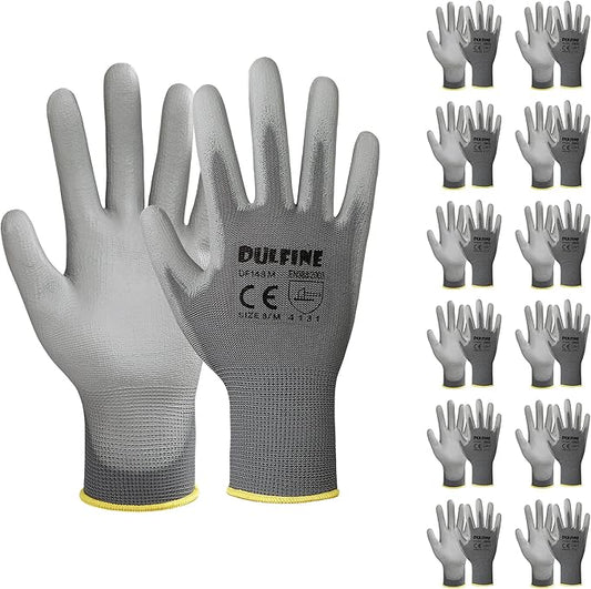 DULFINE Safety Work Gloves PU Coated-12 Pairs,Grey Seamless Knit Glove with Polyurethane Coated Smooth Grip on Palm & Fingers, for Men and Women, Ideal for General Duty Work (Medium)