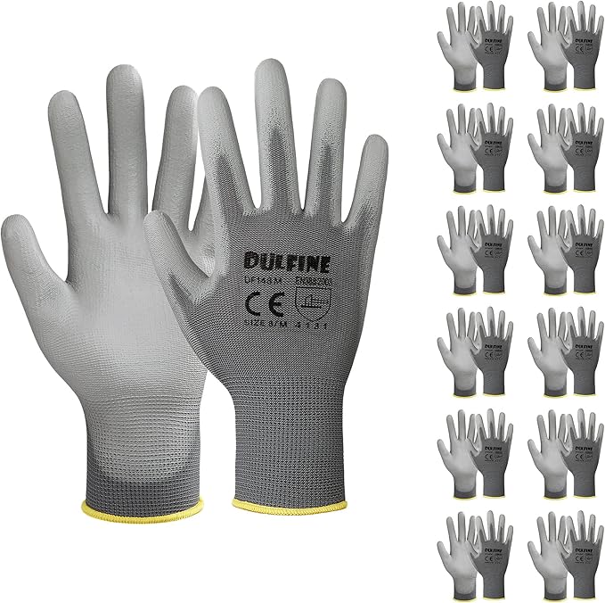 DULFINE Safety Work Gloves PU Coated-12 Pairs,Grey Seamless Knit Glove with Polyurethane Coated Smooth Grip on Palm & Fingers, for Men and Women, Ideal for General Duty Work (Large)