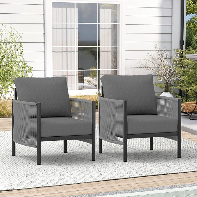 Aluminum Outdoor Sofa Armchair, HDPE Rope Patio Couch with Washable Thick Cushion, All-Weather Outdoor Patio Chairs Set of 2 for Balcony, Yard, Gray Frame, Charcoal