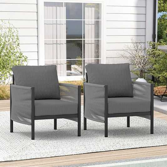 Aluminum Outdoor Sofa Armchair, HDPE Rope Patio Couch with Washable Thick Cushion, All-Weather Outdoor Patio Chairs Set of 2 for Balcony, Yard, Gray Frame, Charcoal