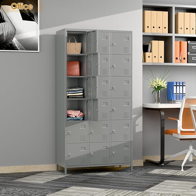 18 Doors Metal Storage Locker with Business Card Holder, 72" H Employees Lockers Storage Cabinet for Home, Office, Gym, School, Assenbly Required, Light Gray