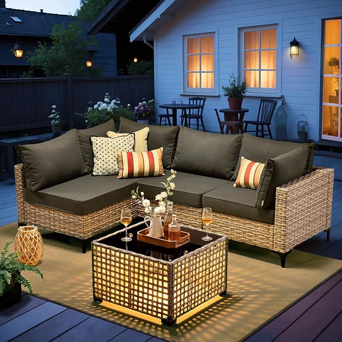 Outdoor Sectional Patio Furniture Set with Glowing Table,5 Pieces Wicker Conversation Sets L Shaped Couch Out Door Sofa Set Outside Furniture for Garden Deck Yard Porch,Black