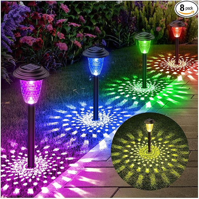 Solar Pathway Lights, 8 Pack Bright Color Changing/Warm White Solar Lights Outdoor Waterproof Solar Garden Lights, Outdoor Lights Solar Powered Landscape Path Lights for Yard, Walkway, Lawn