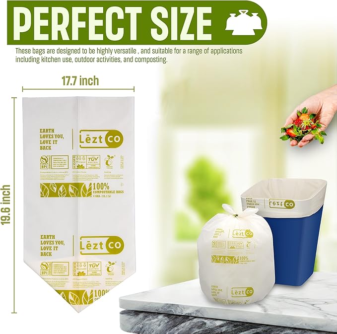 Compostable Garbage Bags | 8 Gallons, 50 Count, 28" x 21.6" | Waste Disposal bags for Kitchen | Plant-Based Starsealed Bags | Indoor & Outdoor | Food Scrap Waste Bags