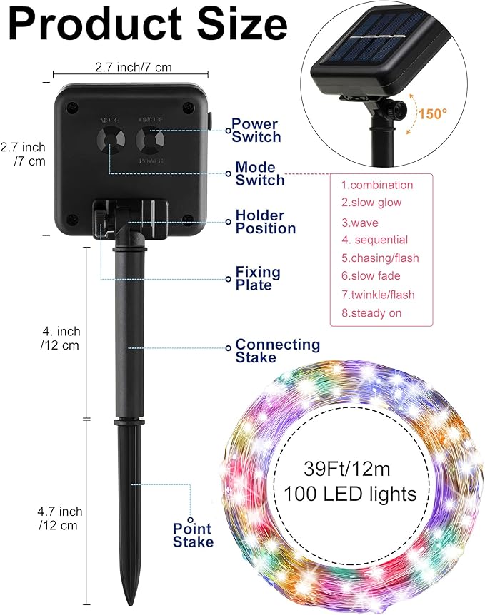 Treela 9 Pack Solar String Lights for Outside, 39 ft 100 LED Outdoor Fairy Lights Waterproof Copper Wire 8 Modes Solar Twinkle Lights for Patio Garden Tree Yard Party Decor(Colorful)