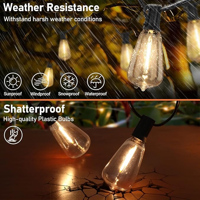 Bosceos Solar Outdoor String Lights Waterproof, 60FT Solar Powered String Lights for Outside with Shatterproof Bulbs, Dimmable ST38 LED Lights String, Patio Hanging Lights for Backyard Garden Party