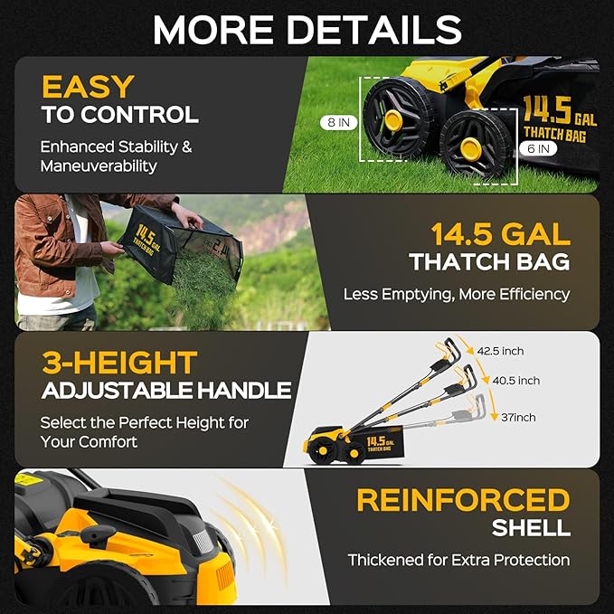 16-Inch 15.5 Amp 2-in-1 Electric Dethatcher and Scarifier, Lawn Dethatcher Rake with 14.5-Gallon Removable Thatch Bag, 5-Position Adiustment, Quick-Fold, Keeps Lawn Healthy - Yellow