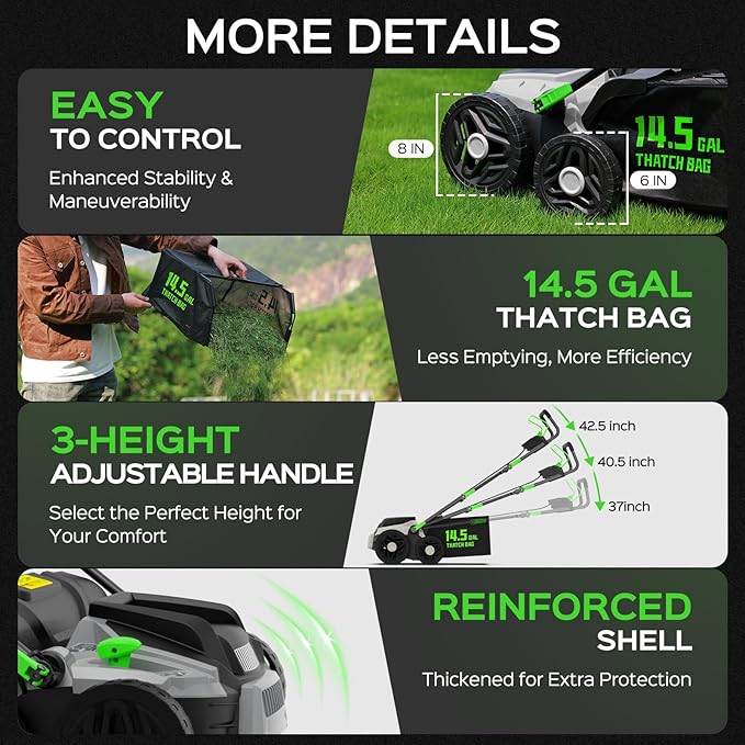 2025 Upgrade 16-Inch 15.5 Amp 2-in-1 Electric Dethatcher and Scarifier with 14.5-Gallon Collection Bag, Lawn Dethatcher with 5-Position Depth Adjustment, Keeps Lawn Healthy – Light Green