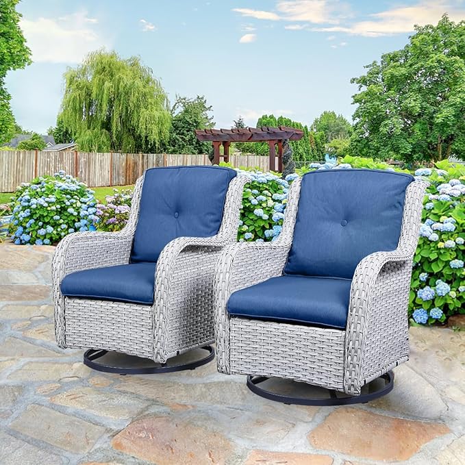 HUMMUH Outdoor Swivel Rocker Wicker Patio Chairs Set of 2,PE Rattan Rocking Chair Furniture Set(Light Grey,Blue)