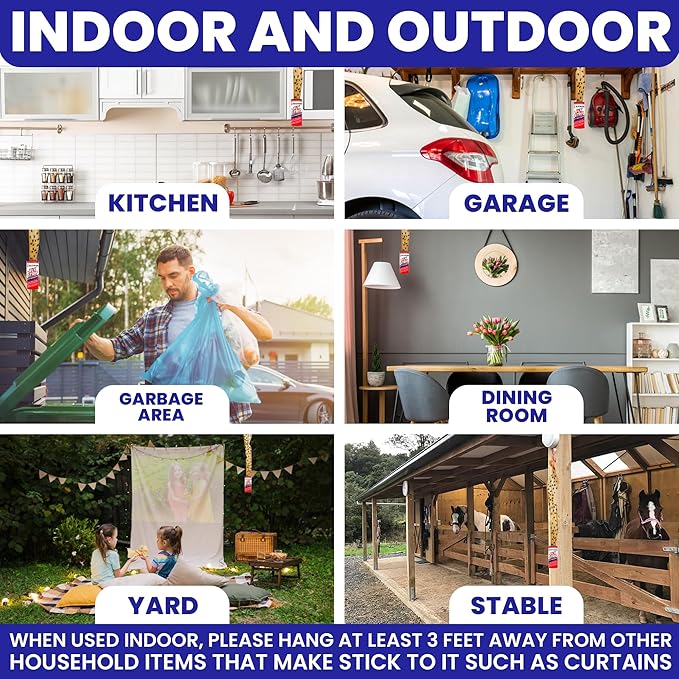 Fly Strips Indoor Sticky Hanging 24pk with Pins. Non Toxic Outdoor Fly Trap Indoor for Home. Flies Tape Paper Trap Ribbon Roll for House Gnat Fruit and Housefly. Bug Catchers for Inside Home Flypaper