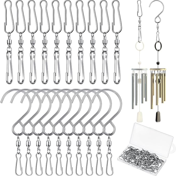 Wind Spinner Swivel Hooks 360 Degree Dual Spinning Windsock Chime Supplies Hanger Swivels Clip Hanging Hooks with Storage Box for Wind Spinners Supply, 2 Styles (Metal Color,20 Pieces)