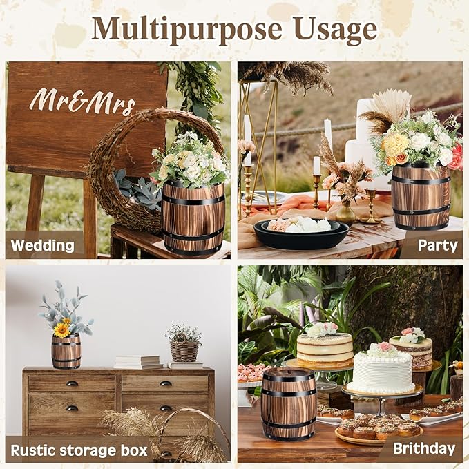 2 Pcs Wood Wine Barrel Vase 8" x 6.5" Vintage Flower Vase Container Rustic Barrel Planter for Wedding Reception Table Decoration Home Indoor Outdoor Garden Kitchen Party