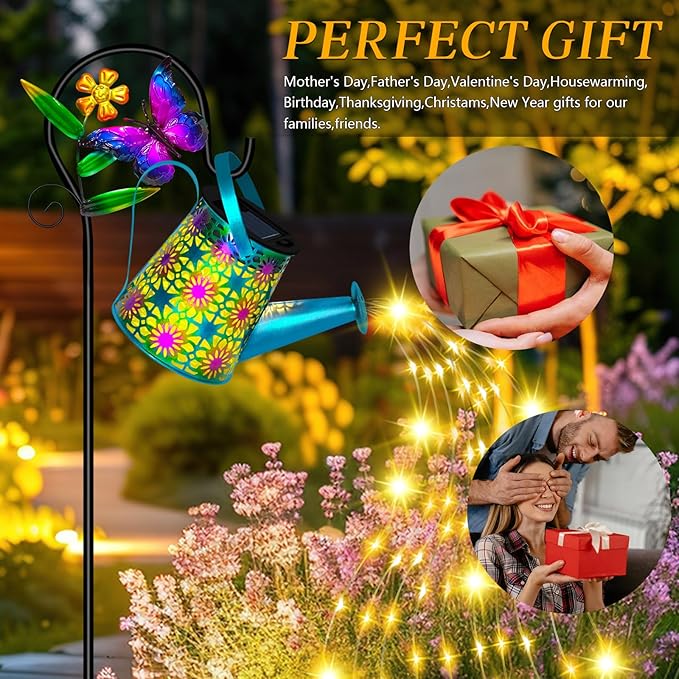 Solar Watering Can with Lights, Waterproof Solar Lantern with Butterfly Shepherd Hook, Hanging Garden Lights for Patio Yard Lawn Porch Outdoor Decoration, Unique Garden Gifts for Women