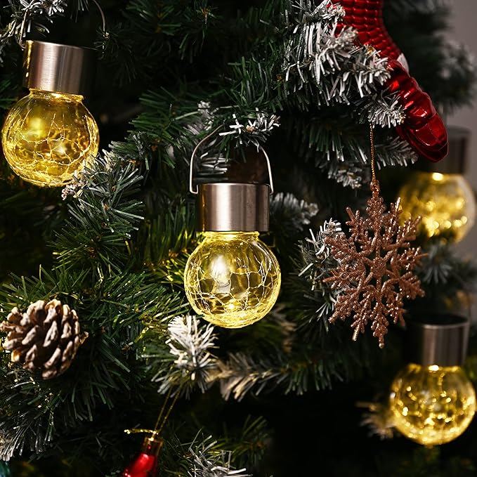 GIGALUMI 16 Pack Solar Hanging Lights for Christmas Decoration - Cracked Glass Solar Lights Outdoor Waterproof for Garden, Yard, Fence, Tree (Warm White)