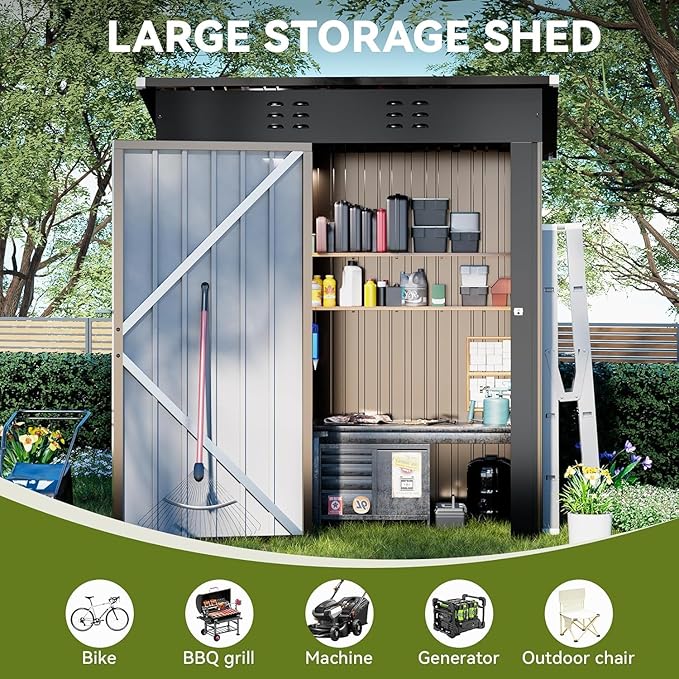 COMHOMA Shed Outdoor Storage Shed Metal,Lockable Doors Tool Sheds with Sloping Roof,Steel Garden Shed with Air Vent for Backyard,Patio,Lawn,Poolside (Brown, 5'*3')