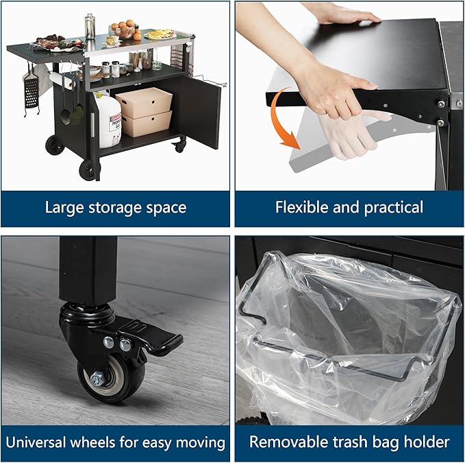 JY QAQA Outdoor Grill Cart with Storage,Patio Kitchen Island Outdoor Grill Table with Wheels,BBQ Cart Movable Pizza Oven Table Stand, Storage Cabinet, Foldable Tabletop, Black