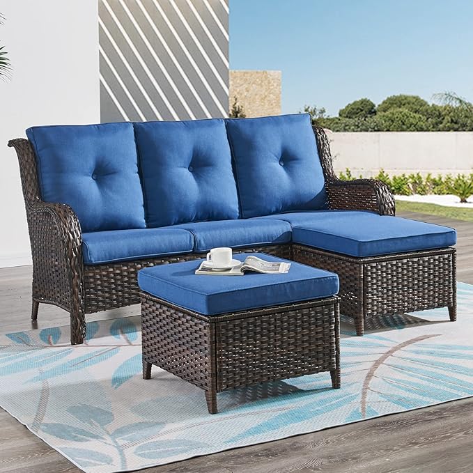 HUMMUH 7pcs Patio Furniture Set Swivel Rocker Patio Chairs,PE Wicker Outdoor Sofa Set of 2 with Coffee Table and Ottomans(Brown,Blue)