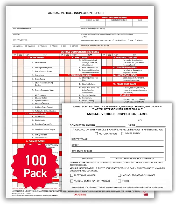 100 Pack 3-Ply Carbonless Annual Vehicle Inspection Report Forms with FMCSA 2-Ply Mylar Laminate Adhesive Vinyl Labels, DOT Inspection Forms and Stickers, Shrink-Wrapped, 8.5" x 11.75" - Made in USA