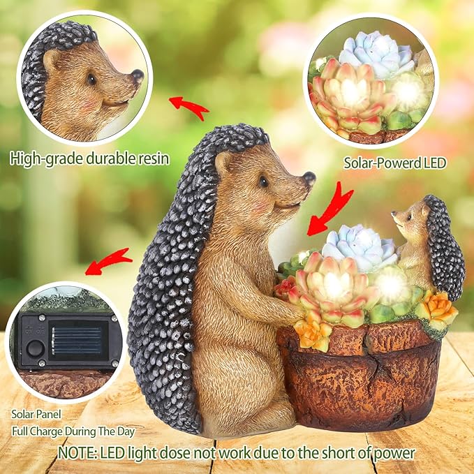 Succulent Hedgehog Garden Statues with Solar Outdoor Lights for Garden Decor, Animal Figurines Resin Outdoor Statues, Garden Gifts for Women Mom Lawn Ornaments for Patio Yard Decor