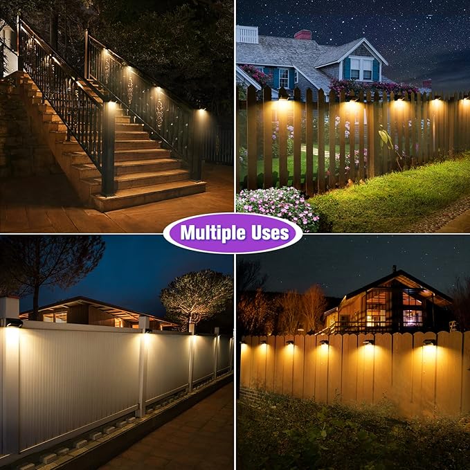Aulanto Solar Fence Lights 12 Pack, Fence Solar Lights IP65 Waterproof Outdoor Lights,Warm White and 10 RGB Color Glow Modes, Solar Lights Outdoor Decor for Backyard,Garden,Fence,Wall,Deck,Stairs.