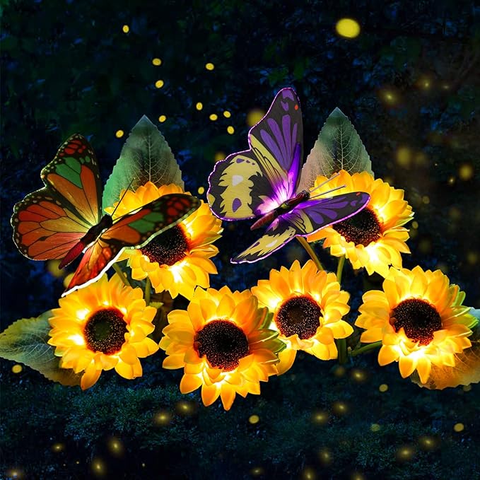 Solar Sunflower Lights Outdoor Garden Lights, 2 Pack Solar Flower Lights with Butterfly Waterproof Garden Decor, Gifts for Mom Grandma, Sunflower Stake Led Lights for Yard Patio Lawn Pathway Outside