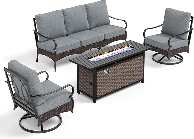 Patio Furniture Set with 56" Fire Pit Table, Premium Outdoor Wicker Metal Frame Furniture with Upgraded Waterproof Thick Cushions for Porch, Poolside, Deck, and Yard （4 Pieces,Grey