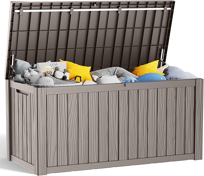150 Gallon Resin Deck Box, Lockable Patio Outdoor Storage Box for Furniture, Garden Tools and Tools Storage, Waterproof Outside Storage Boxes - Grey