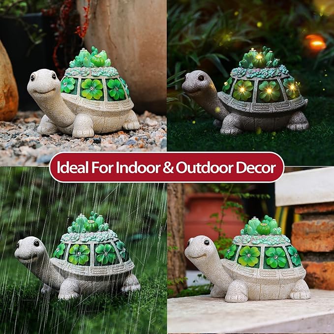 Turtle Solar Outdoor Light Garden Statue with Clover,Decoration for Patio,Yard,Lawn,Gifts for Women Mom Grandma