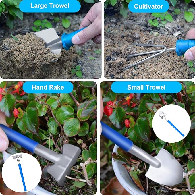 Garden Tools Set, 10 Pieces Stainless Steel,Gardening Tools kit with Handbag, Garden Hand Tools for Digging Planting Pruning, Garden Gifts for Women,Men (Tools + Bags)