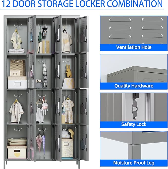METAN Metal Storage Locker for School Office Gym Bedroom, 12 Doors Locker Cabinet for Employees, Industrial Steel Storage Locker with 12 Hooks, Assembly Required (12 Door-Light Gray)
