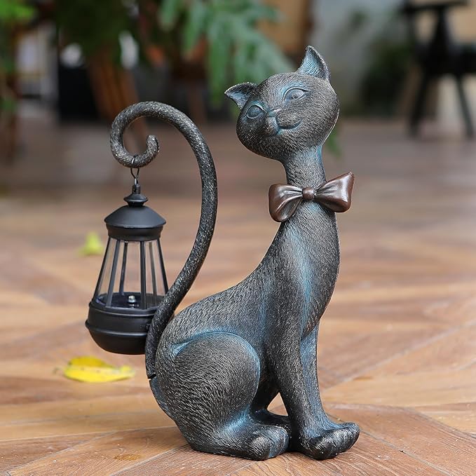 Whimsical Outdoor Cat Statues with Solar Garden Lantern:Cat Garden Statues for Outside Decor Clearance,Outdoor Figurine for Yard Art Lawn Ornaments Patio Balcony Home House - Valentines Birthday Gifts
