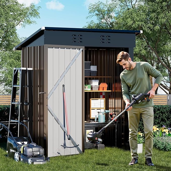 COMHOMA Shed Outdoor Storage Shed Metal,Lockable Doors Tool Sheds with Sloping Roof,Steel Garden Shed with Air Vent for Backyard,Patio,Lawn,Poolside (Brown, 5'*3')