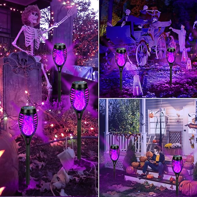 Solar Lights Outdoor Waterproof Purple, Upgraded 6 Pack Solar Tiki Torches with Flickering Flame for Garden Decor, Solar Outdoor Landscape Lights for Porch Yard Pathway Halloween Decorations