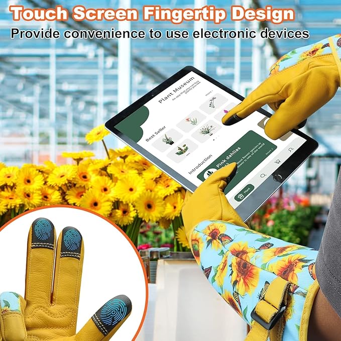 DLY Gardening Gloves for Women, Rose Gloves Gardening Thorn Proof, Long Garden Gloves for Women, Breathable Cowhide Leather Gauntlet (Small, Blue