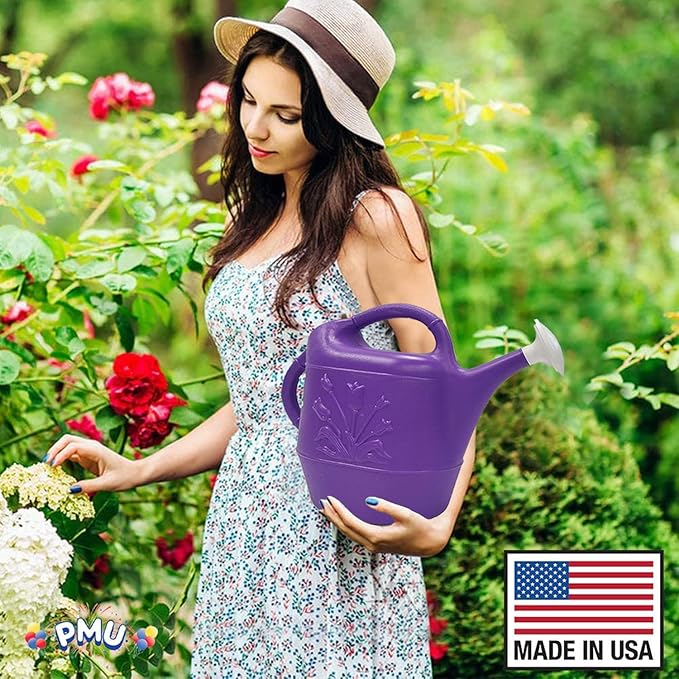 PMU 2 Gallon Watering Can - Garden Watering Can for Indoor & Outdoor Plants - Plastic Water Can with Detachable Sprinkler Head - Large Water Pot, Made in USA - Purple Pkg/3
