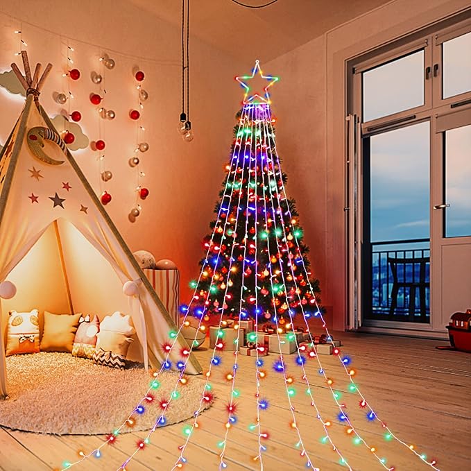 Christmas Decorations Star String Lights, 320 LED Waterfall Tree Lights with 13" Topper Star 8 Lighting Modes Indoor Outdoor Decorative for New Year, Holiday, Wedding, Party (Multicolor)
