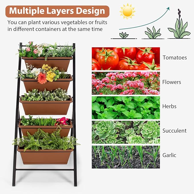 Giantex Vertical Planter Raised Bed, Elevated Garden Beds with Water Drainage Hole, Freestanding 5 Container Boxes for Herb Vegetables Flowers Growing, Outdoor Indoor Patio Balcony (Brown, 1)