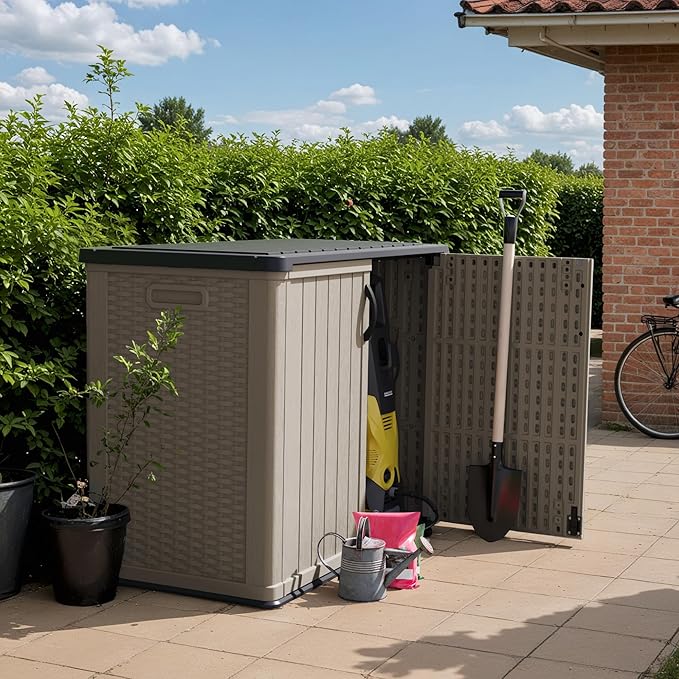 Devoko Outdoor Storage Cabinet 26 Cu Ft with Lockable Doors, Horizontal Storage Shed Waterproof Patio Tools Storage Box for Sofa Cushions, Gardening Tools and Accessories (Beige)