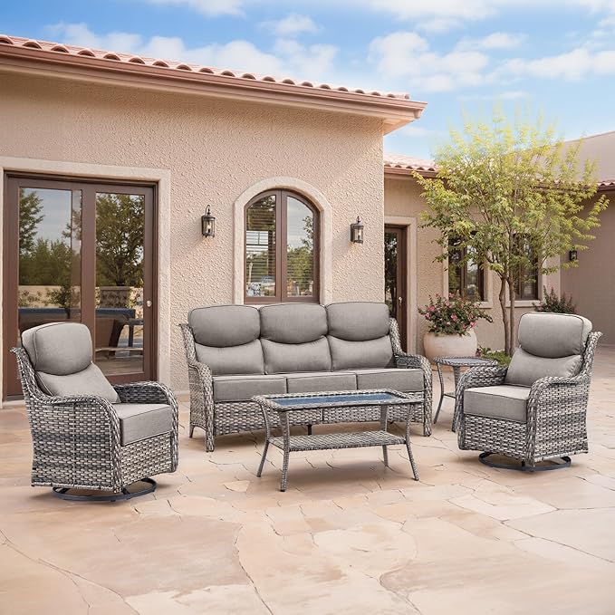 Swivel Patio Chairs sofa Set of 5 with 6" Thick Cushion - Wicker Outdoor Swivel Rocker Patio Chair ,Sofa/Glass coffee table, High Back Comfortable Outdoor Glider Chairs - Grey Wicker | Grey Cushions