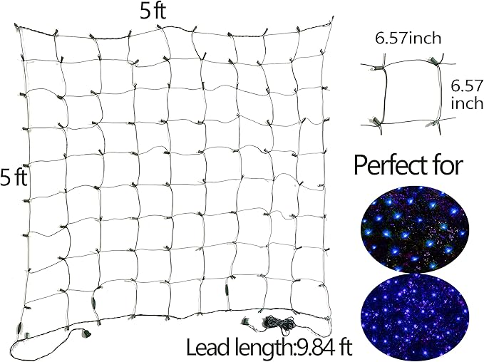 HISHINY LED Blue Christmas Net Lights Outdoor Christmas Decorations 5ftx5ft 100LED Green Wire,Connectable Outdoor Indoor Yard Mesh Shrub Net Lights String for Halloween Chritmas Party,Tree,Bush(Blue)