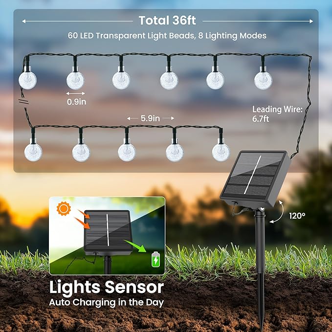Solar Lights Outdoor Waterproof, Total 36ft 60 LEDs Crystal Globe Light with 8 Modes, Solar String Lights for Outside, Patio Porch Garden Yard Christmas Wedding Party Decor (Warm White)